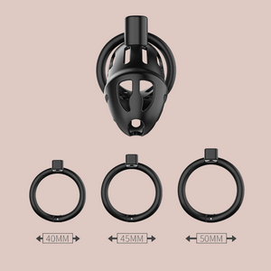 An image of The Sevanda chastity cage in black from House of Chastity, the 3 base rings include with this model are shown at the bottom of the picture.