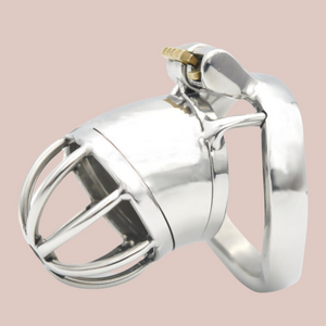 A small metal chastity cage with a solid shaft like centre and open bar work design to the end. The cage is shown connected to its base ring, which allows the integral lock to be fitted.
