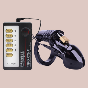 The 600HOC shocker is pictured in black, it is similar to the CB6000, yet it has detachable electronic pads that allow the wearer to receive electric shocks. The control panel is also shown.