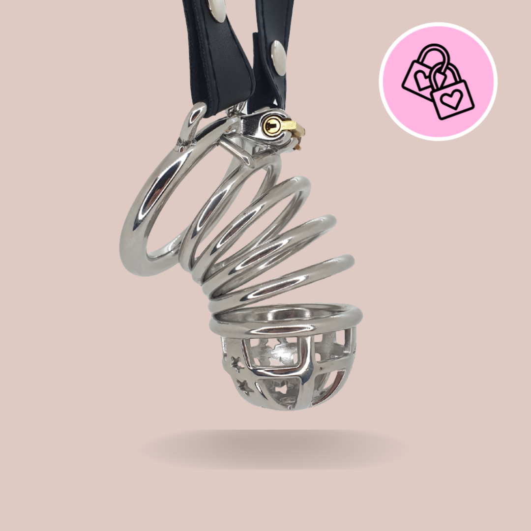 The Starburst metal chastity cage from House Of Chastity is shown here fully assembled and with its chastity belt fixed in place.