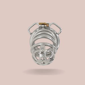 The Starburst chastity cage from House Of Chastity is shown here fully assembled but without its chastity belt. You can see the beautifully designed head and smooth ringed body.