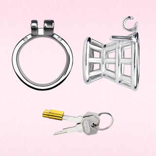 The full set is shown, 1 x base ring, 1 x chastity cage, 1 x padlock, 2 x keys.