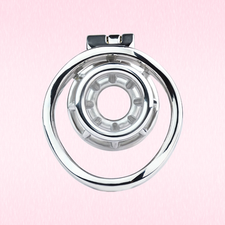 A view through the base ring and into the chastity cage, the tunnel view shows how the cage narrows.