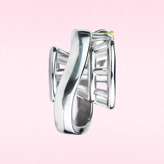 A side view of the fully assembled chastity cage, the angled base ring sits central to the chastity cage.