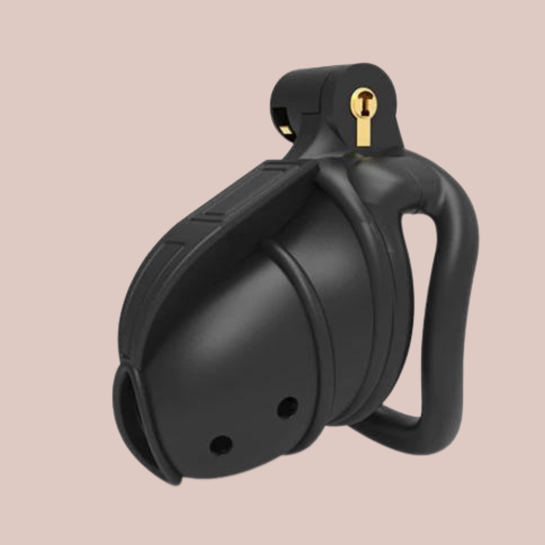 The Wasp shown on a side profile, this chastity cage is shown with the arced ring in place and the integral lock in place.