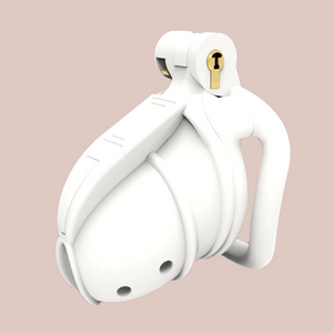 The Wasp cock cage shown in white, this side profile allows you to see the chastity cage fully assembled and the brass integral lock in place.