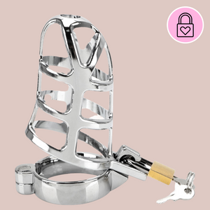 Made from zinc alloy this chastity cage has a very bright silver look to it, the design to the cage is very web like, hence the name and it is shown here with the base ring and padlock in place.