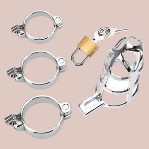 This image shows all of the elements included with The Web Light chastity cage. The 3 base rings  are shown on the left, the padlock and keys are at the top and the cage itself is on the right.