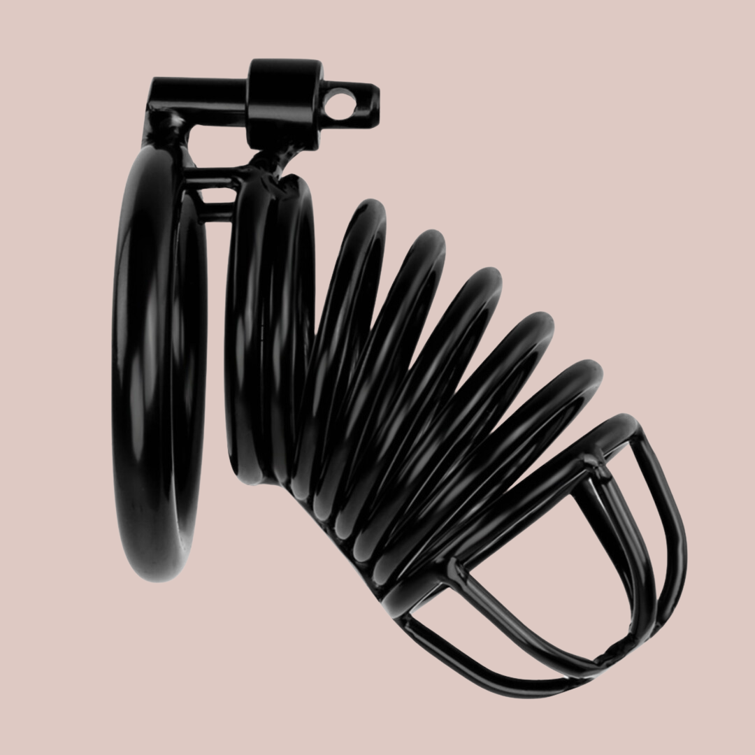 The ribbed ring style Black Coil chastity cage is shown with its enclosed end and base ring.