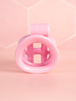A rear view of the chastity cage, you can see through the Nano base ring and into the chastity cage.