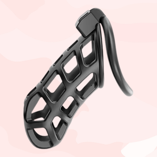 A side view of the fully assembled chastity cage in black