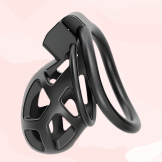 A side profile of the Nano sized chastity cage in black