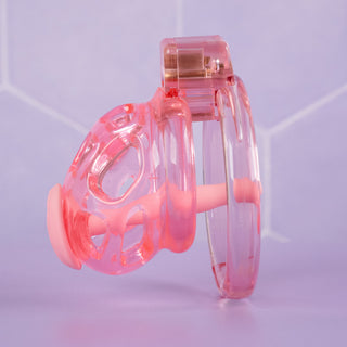 A side view of the chastity cage, you can see how the base ring fits into the chastity cage and locks into place.