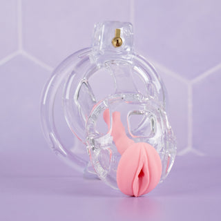 An angled view of the transparent cage with the urethral tube fitted, you can see a close up of the labia end to the tube.