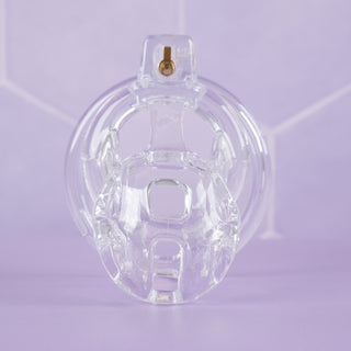 A head on view of the transparent chastity cage, you can see the integral lock fitted