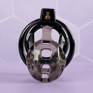 A front view of the chastity cage without the urethral tube fitted, it is designed for air flow and urination.