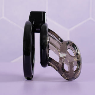 A side view of the black chastity cage.