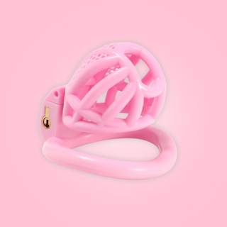 The Detained small shown here in pink, the cage is shown sitting on its base ring and you can see the underside of the chastity cage.