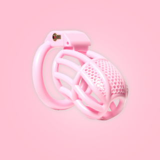 The Pink Detained Chastity Cage, you can see the lined body with the mesh affect to the top. The chastity cage is fitted to its base ring and the integral lock is in place.