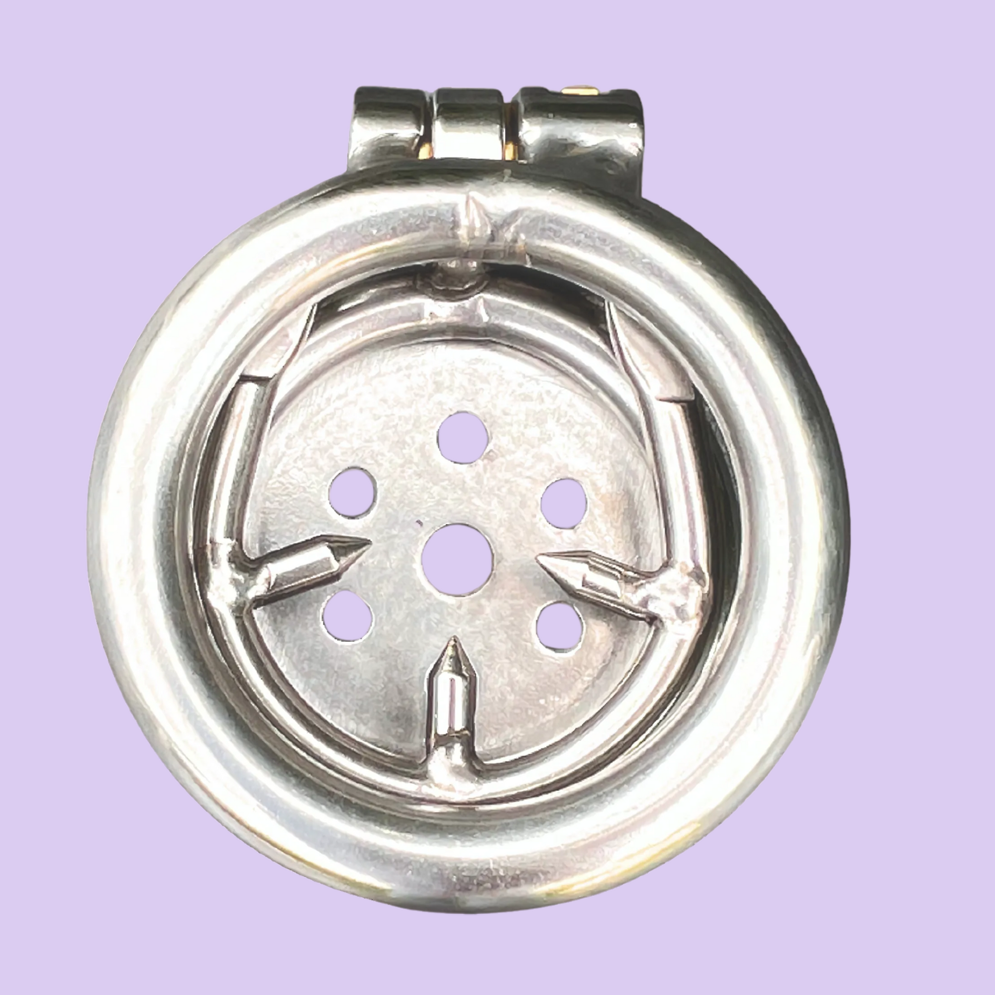 A rear view of The Flat Gatling from House Of Chastity. You can see the barbed anti-off ring fitted.