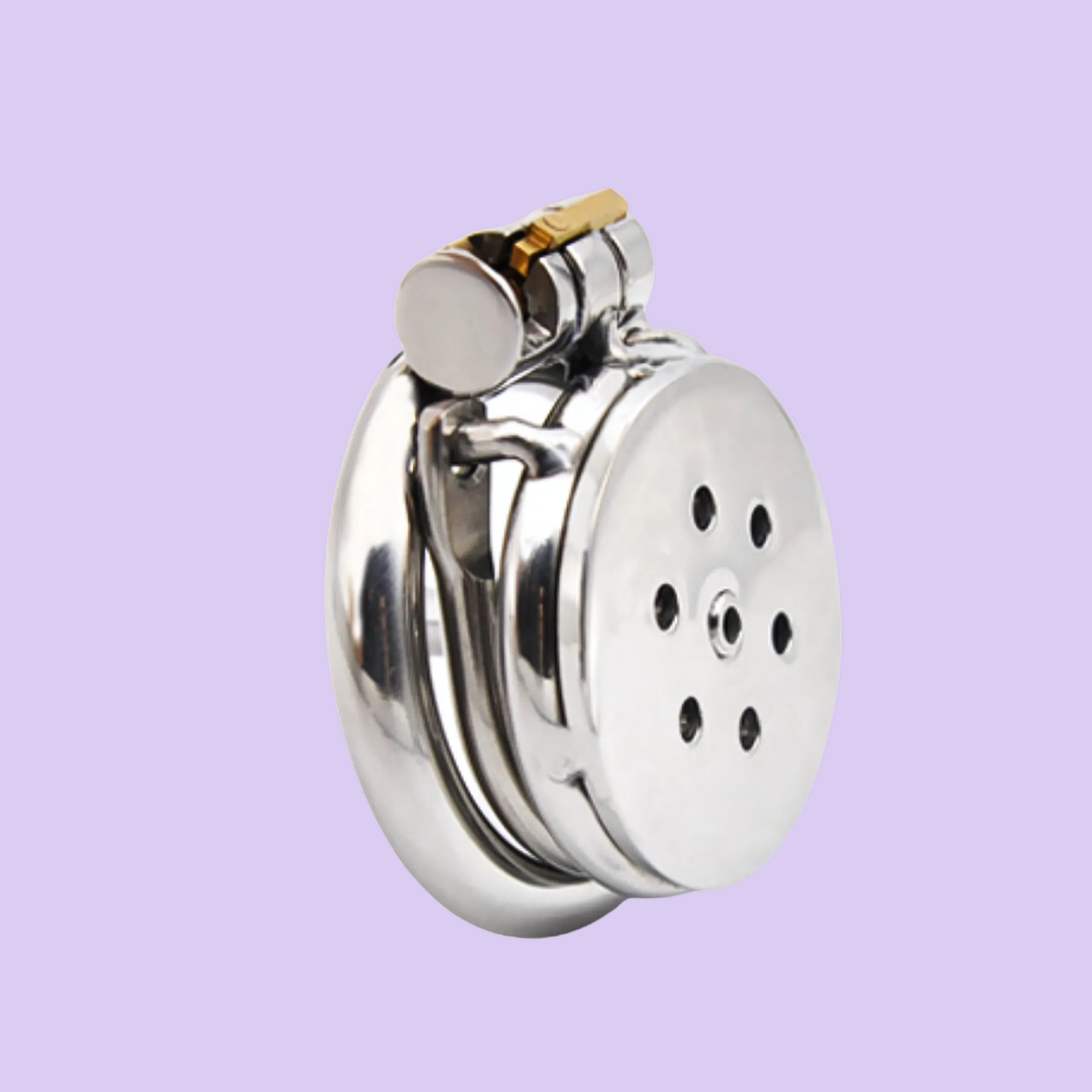 The Flat Gatling Chastity Cage shown from a front view fully assembled with the barbed anti-off ring, you can see the flat front to the cage, how it fits into the base ring and is locked in place with the integral lock.
This image also shows a urethral tube fitted, but this is not included with this model.