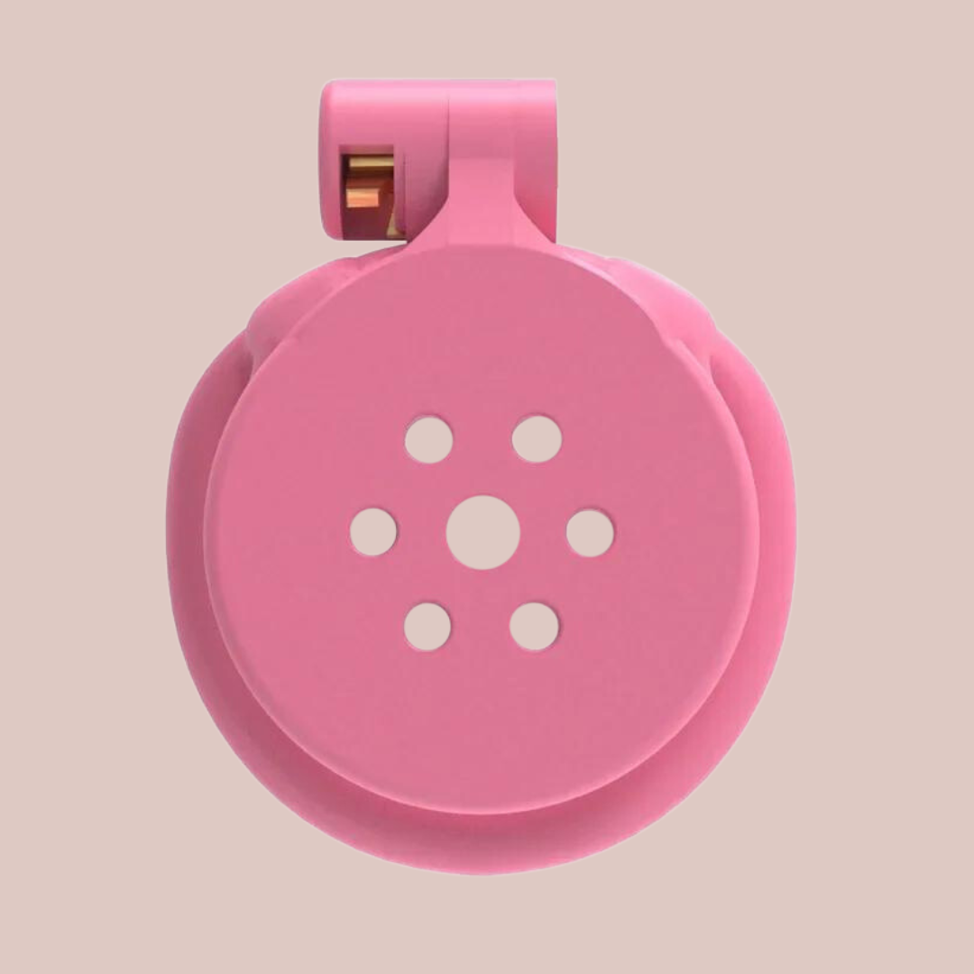 A front view of The Flat Gatling Pink, it is fully assembled with the base ring and integral lock in place.