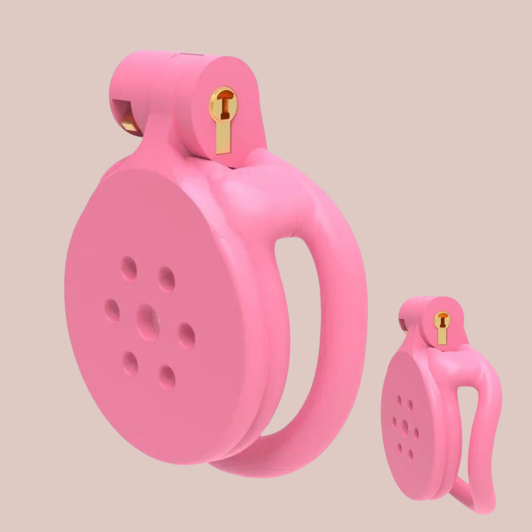 The Flat Gatling Pink, shown are both styles of base rings and its cage rating which is a three lock.