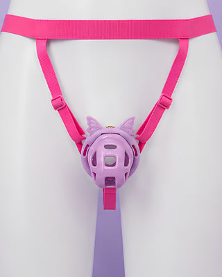 The purple chastity cage shown fully assembled and fitted to the belt that comes in the kit.