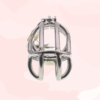 A front on view of the chastity cage, the cut out design to allow for air flow and cleaning is clear to see.