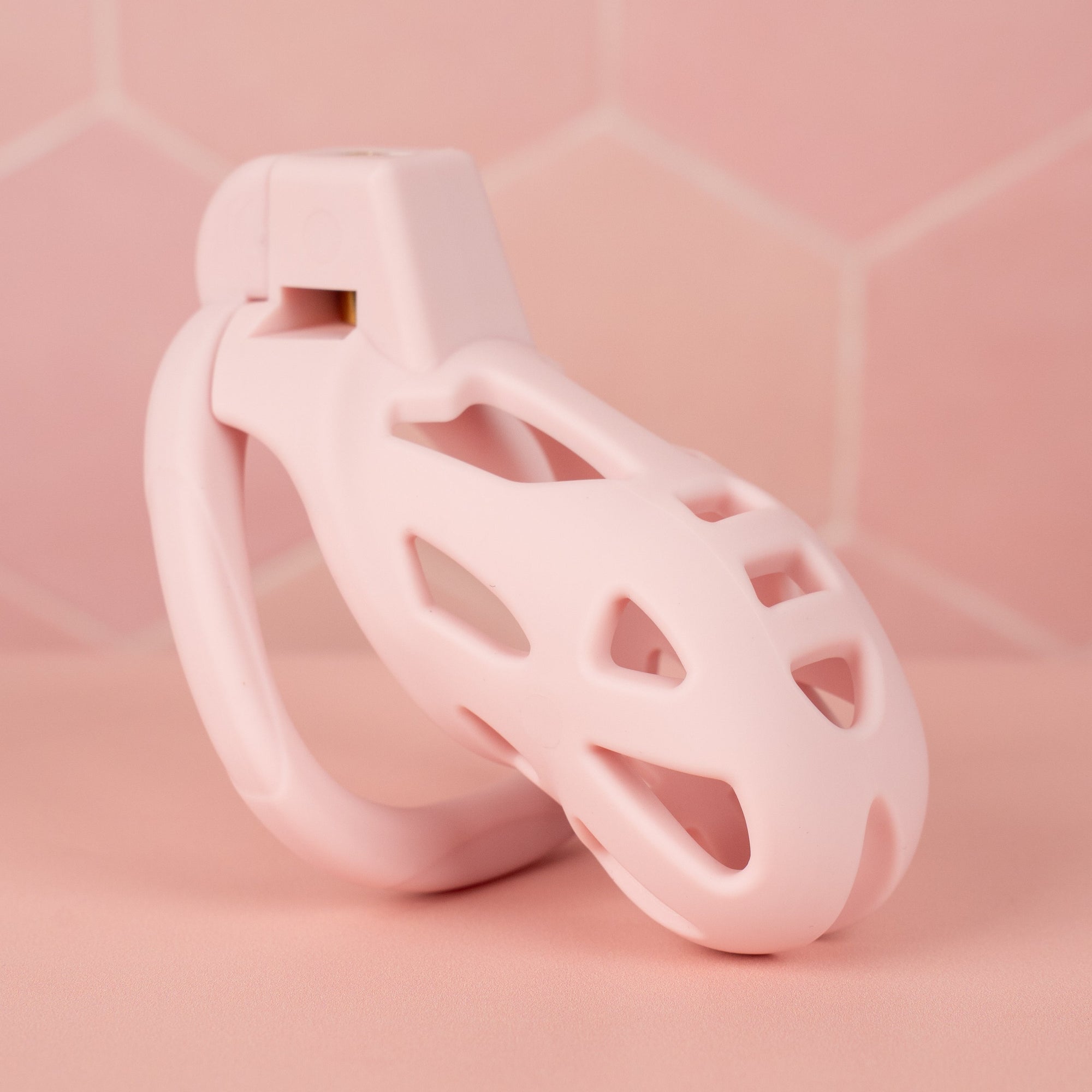 The Jeusn Smooth Chastity Cage shown here fully assembled, the cut out design and ABS material make is breathable.