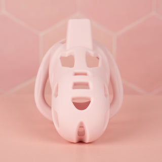 A front view of The Jeusn Smooth Chastity Cage, you can see opening at the end of the cage to allow for urination.