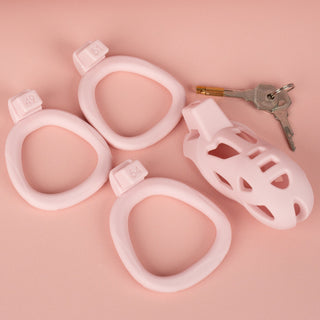 Showing all elements included in the Jeusn Smooth Chastity Cage Kit, 1 cage, 3 Base Rings, 1 Lock and 2 Keys.