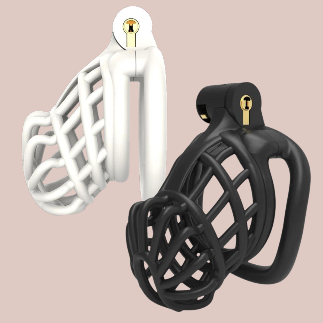 The Jurassic chastity cage shown here in white and black, and with both options of base ring which are flat or curved.