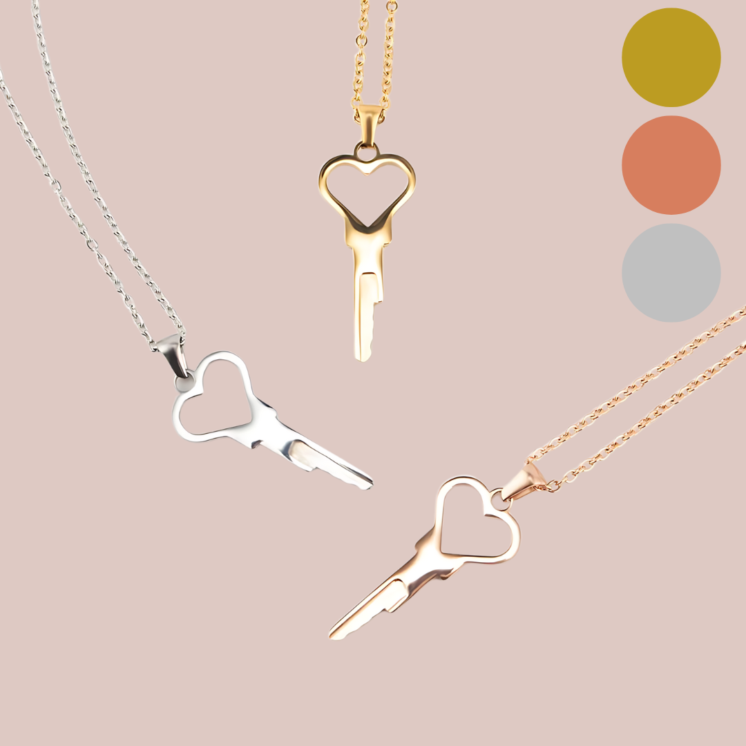 The Key To My Heart Necklace shown in all 3 colours available gold, rose gold and silver.