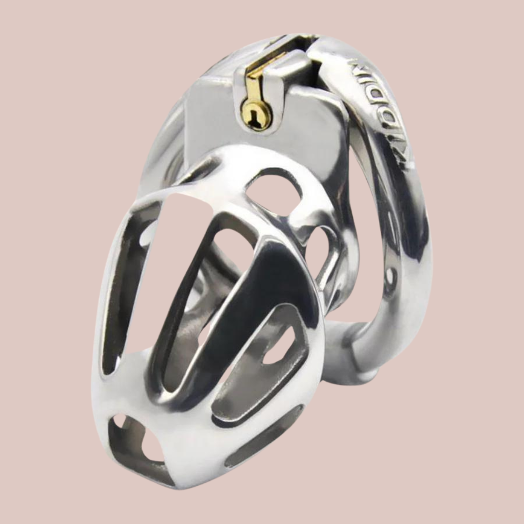 The Kidding Zone chastity cage shown from a front view, the cage shown is fully assembled with the integral lock in place.