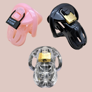 The Loc'd Chastity cage comes in three colours, black, pink and transparent. It also is available in two sizes, Small or Standard