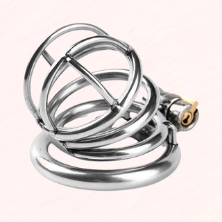 The Lock Up standard size chastity cage fully assembled and sitting on a soft pink background