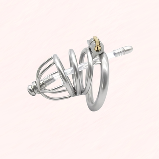 A side view of the standard size Lock Up chastity cage on a soft pink background