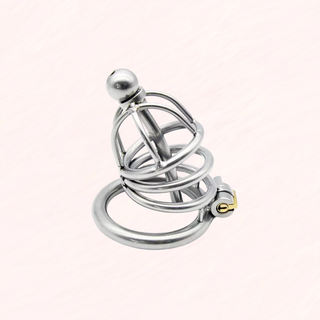 The Lock Up standard size chastity cage sitting on its base ring with a stainless steel urethral tube fitted.