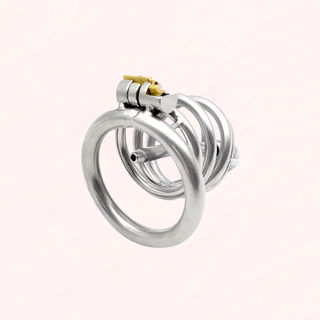 A rear view of the Lock Up standard size chastity cage, this cage has a stainless steel urethral tube fitted.