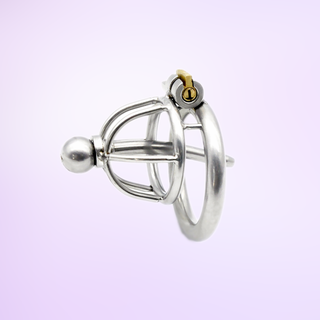 The Chaste Bird Nub is a small cock cage, it has the option of 3 direct base rings , has a 2 bar head design and the option of a removable urethral insert tube that is screwed in with the rounded head.