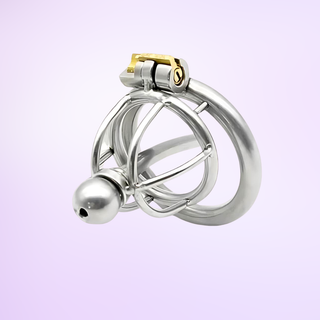 The Chaste Bird Nub is a small cock cage, it has the option of 3 direct base rings , has a 2 bar head design and the option of a removable urethral insert tube that is screwed in with the rounded head.