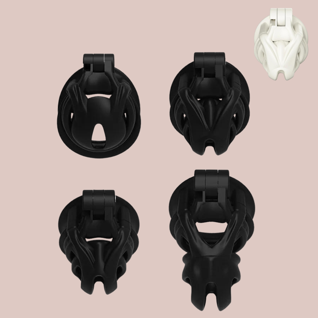 A front view of The Python chastity cage in black from House Of Chastity, it is shown here fully assembled. These chastity cages are also available in white, you can see the white Nano in the top right corner of this image.