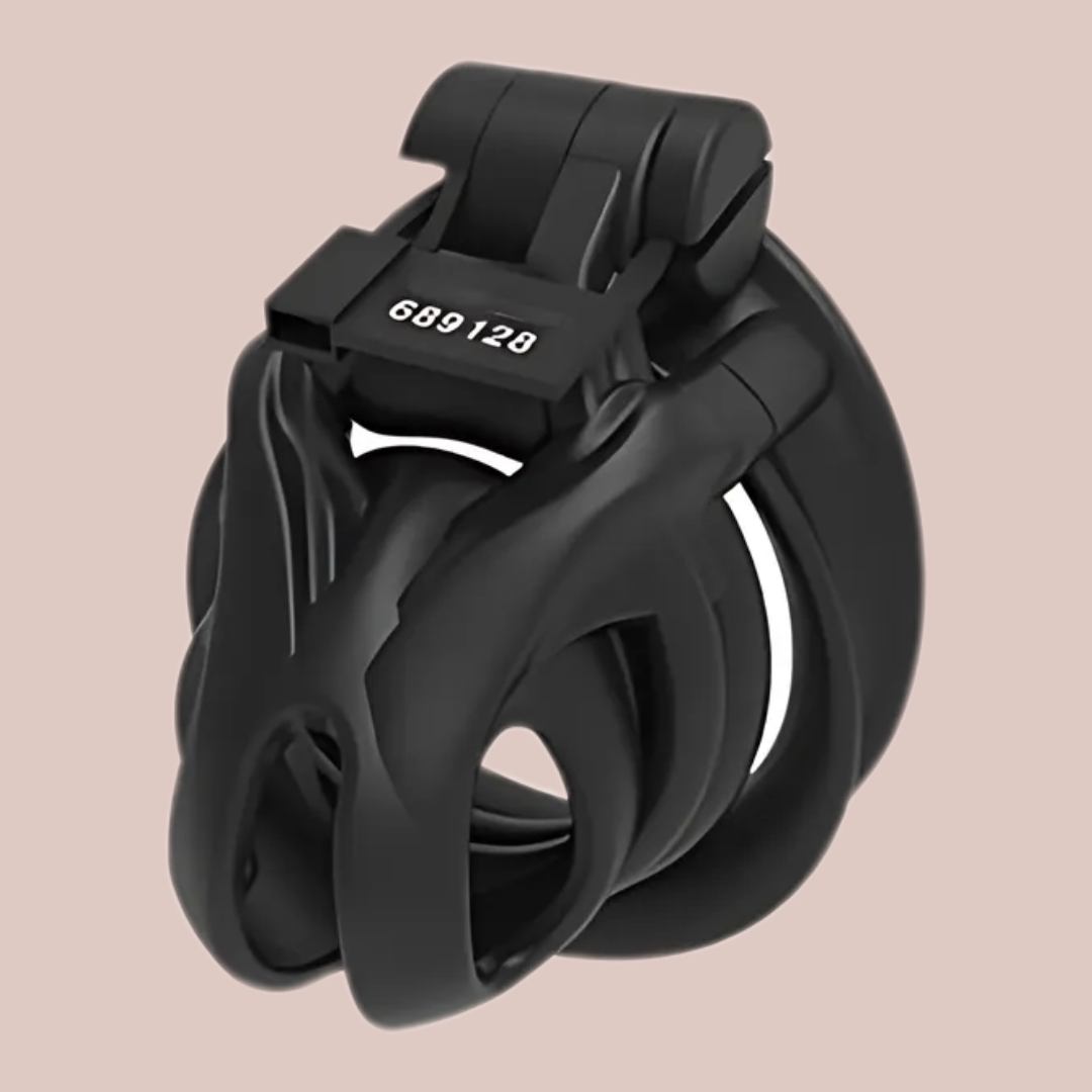 A side view of the Python  Small chastity cage from House Of Chastity, it is fully assembled into its double cuff style base ring and the integral lock is fixed in place.