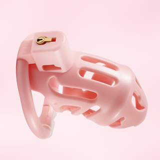 The Sevanda Chastity Cage in pink, the cage is shown fully assembled.