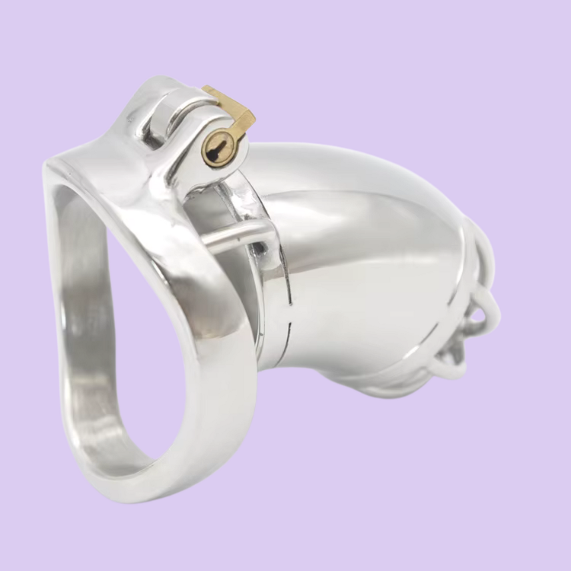 An angled rear view of The Shaft chastity cage, this is the standard size cage, you can see the entrance to the base ring.