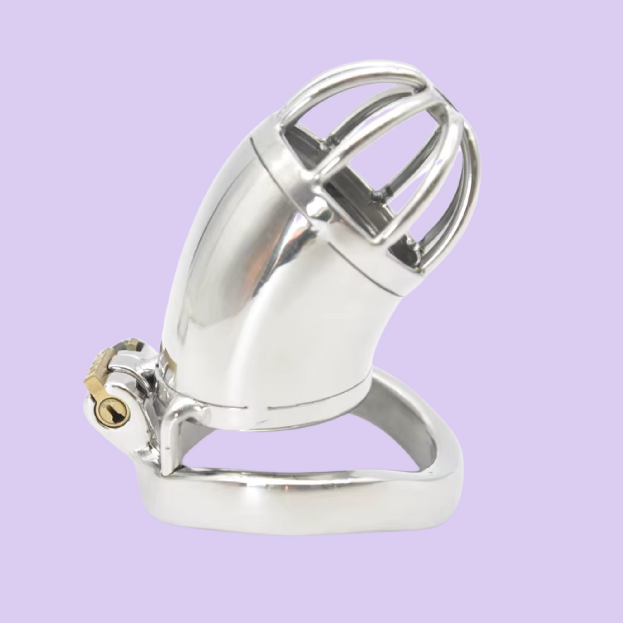 An alternate view of the The Shaft chastity cage, you can see the Bird Cage style open fretwork end to the cage.