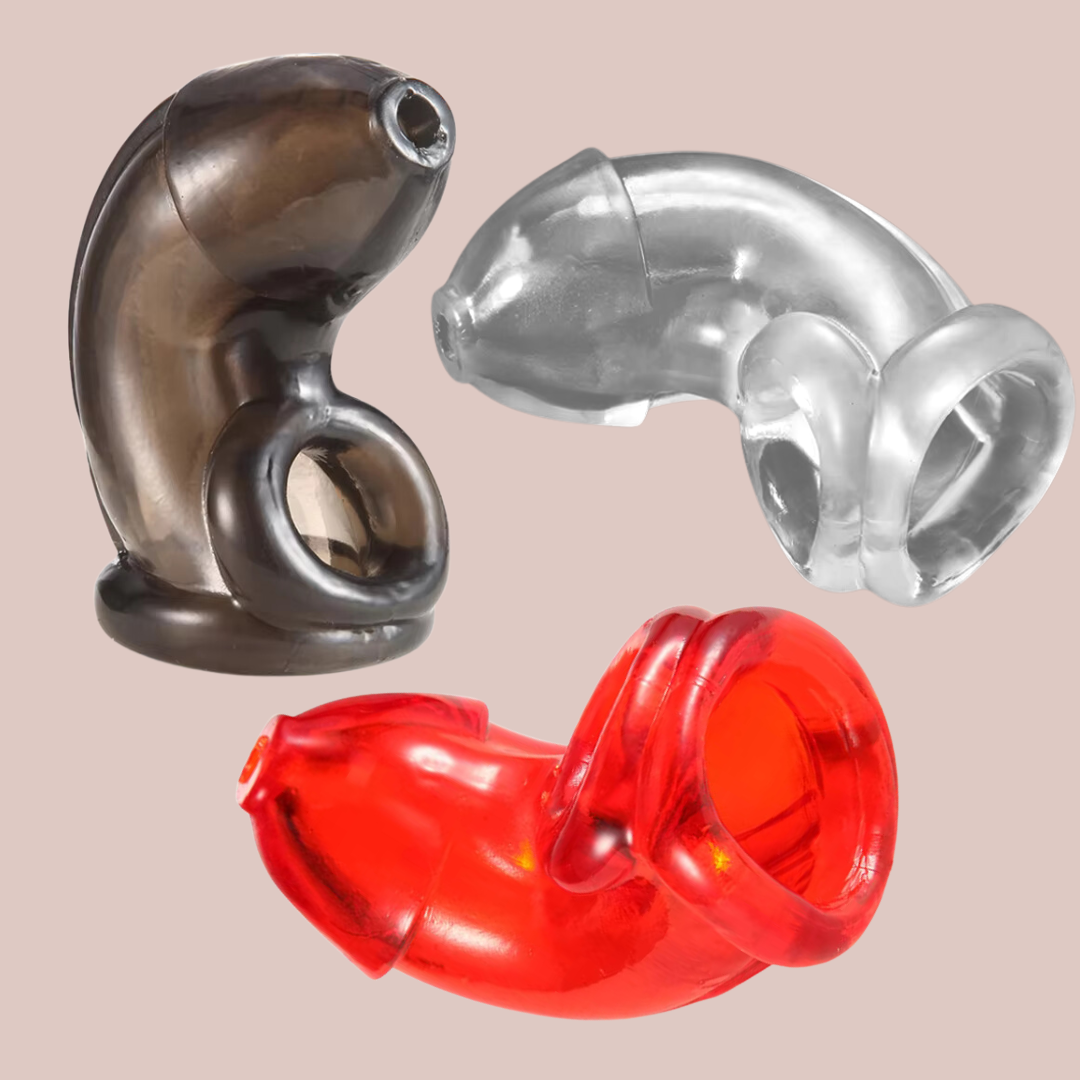 Soft Slide On Chastity, available in three colours and showing the black, transparent and red cages.