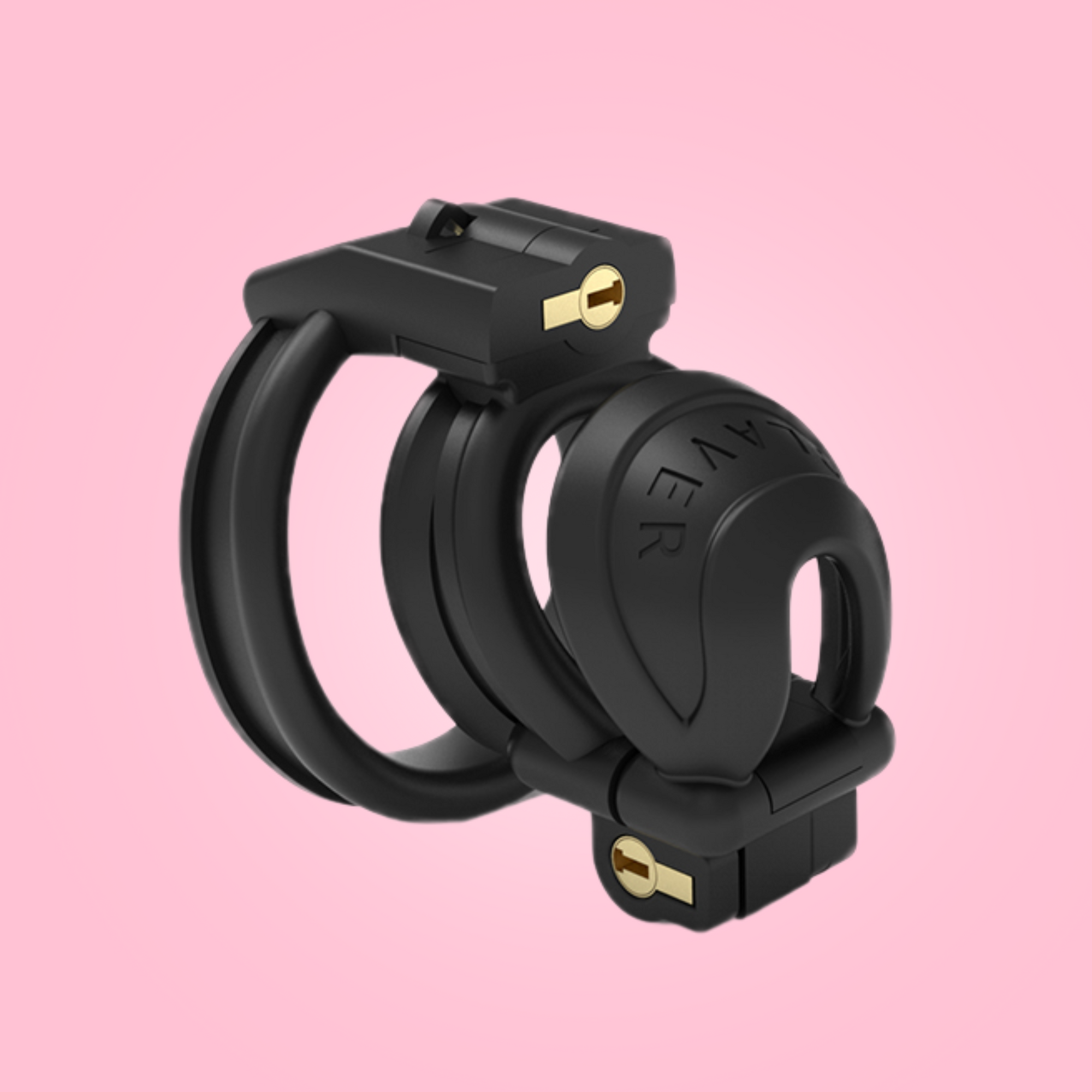 The Slaver Nub shown fully assembled from an angled view, you can see the double lock placement. This chastity cage comes with a selection of base rings.
