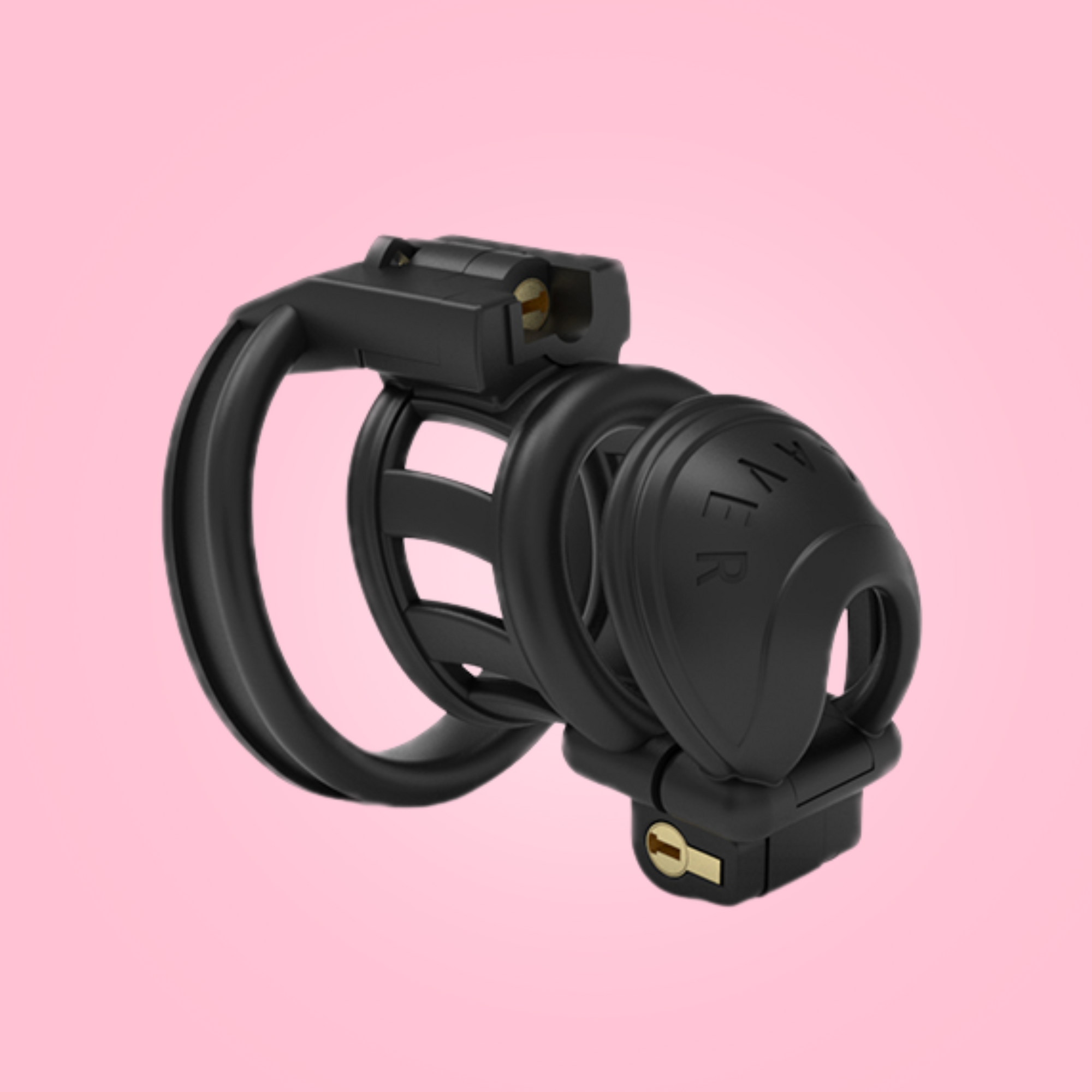The Slaver Small shown fully assembled from an angled view, you can see the double lock placement. This chastity cage comes with a selection of base rings.